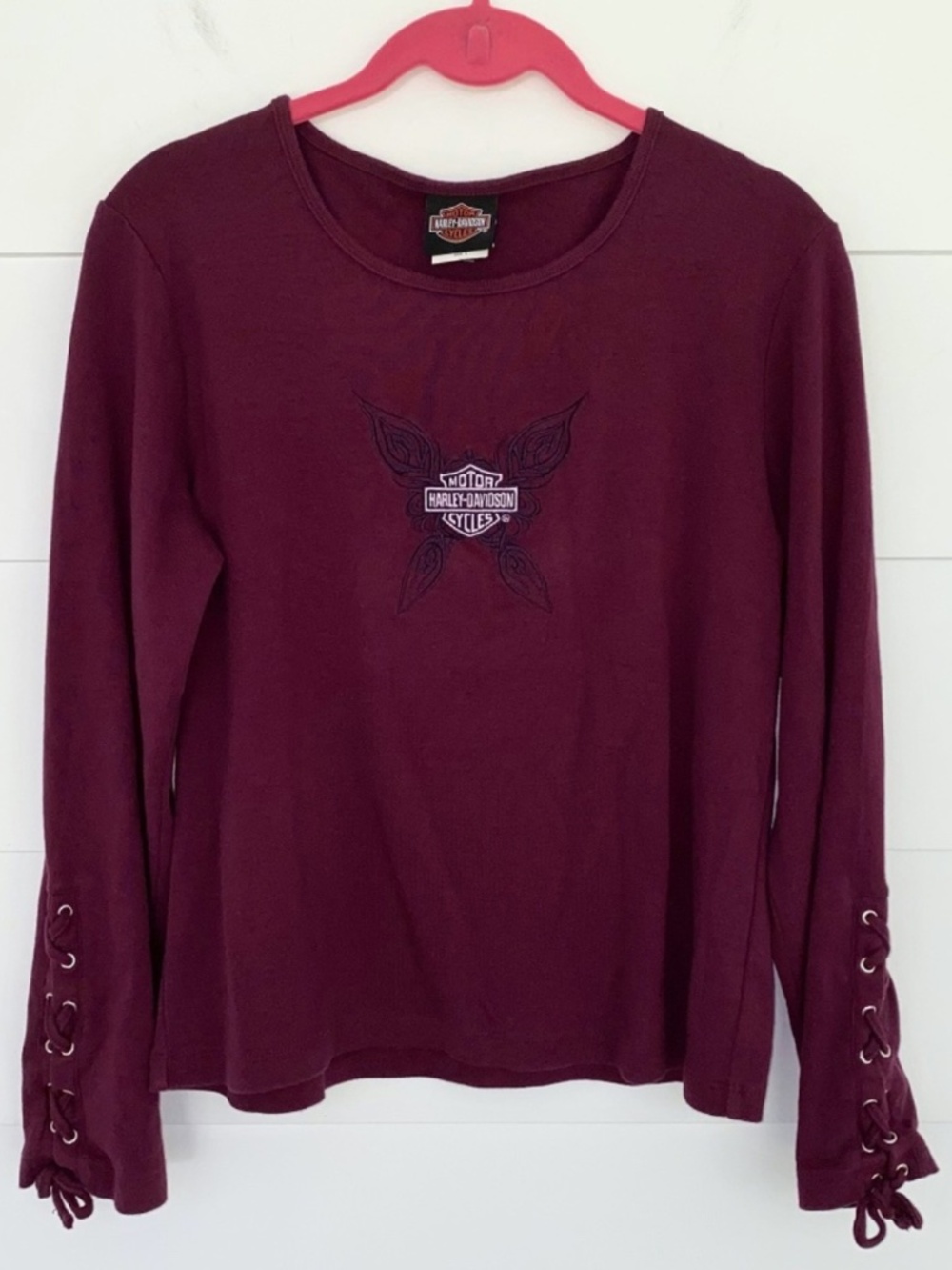 (25) VTG Harley Davidson Logo Embroidered Lace Up Long Sleeves Top Large